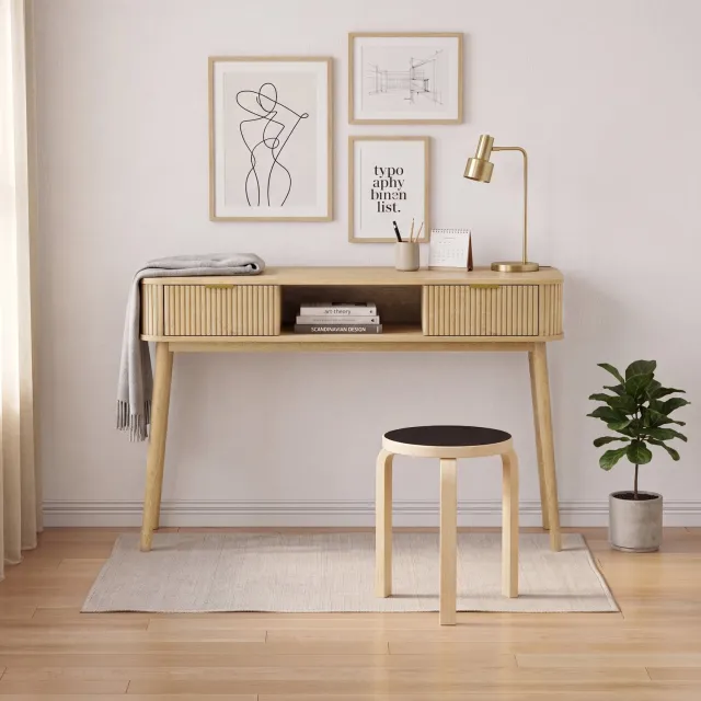 VVBV Sidetable / Wandtafel 120x35x77.6 cm – Lades, Opbergruimte, Mid-Century, Eenvoudige Montage – Side Table met Lades – MDF, Spaanplaat – Eiken