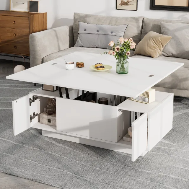 MODENUIT Salontafel - Dubbel Hefblad Met Verborgen Opbergruimte - Voor Woonkamer - Spaanplaat Wit - 100x50x43 Cm