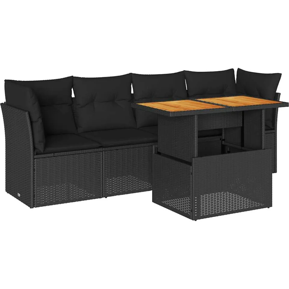 vidaXL 5-delige Loungeset met kussens poly rattan zwart, foto 3