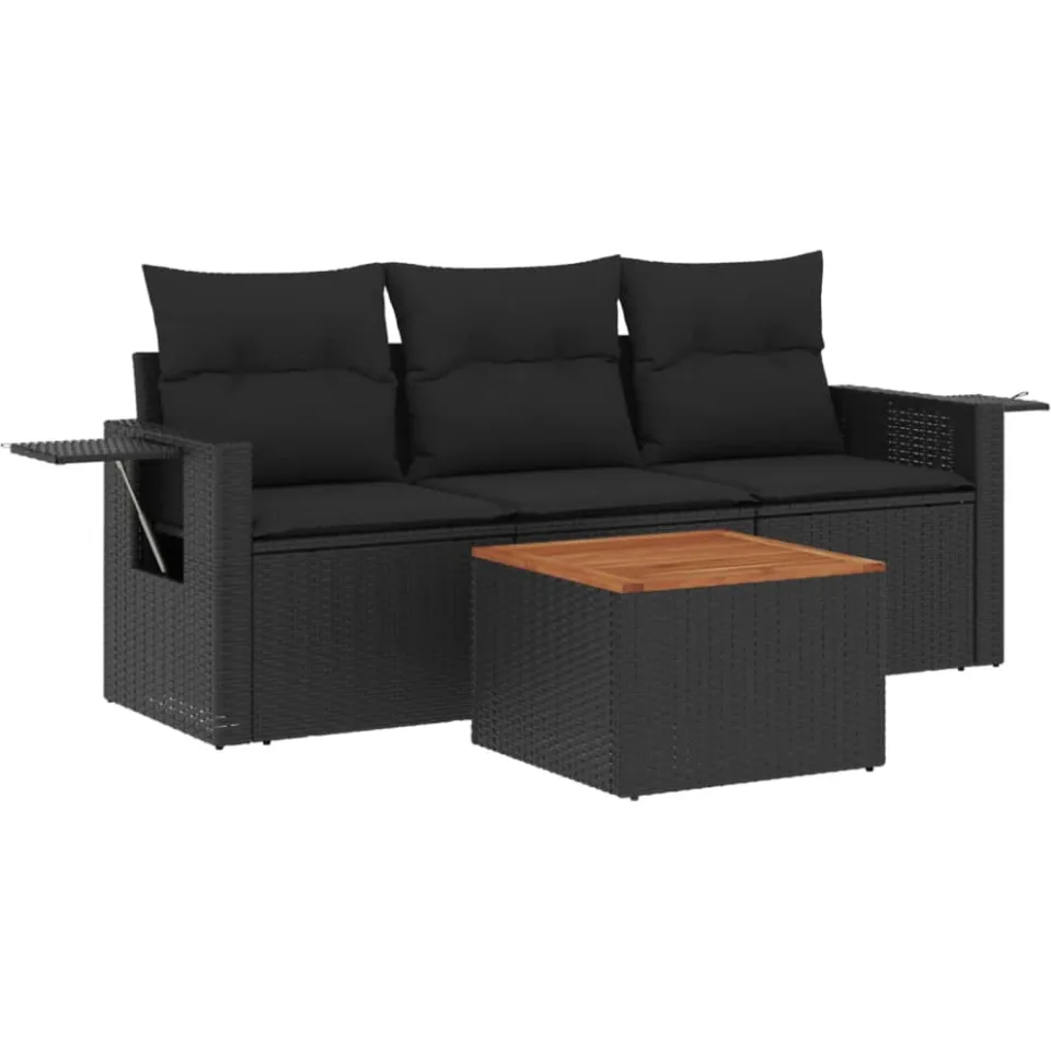 vidaXL 4-delige Loungeset met kussens poly rattan zwart, foto 3