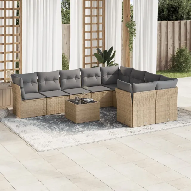 vidaXL 10-delige Loungeset met kussens poly rattan beige, foto 2