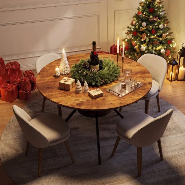MEXUS Ronde houten eettafel voor 4 tot 6 personen, 120 cm, met 1 open schap, geschikt voor eetkamer, keuken of woonkamer, Bruin(Bovenblad samengesteld uit 4 platen)