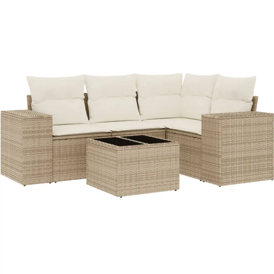 vidaXL 5-delige Loungeset met kussens poly rattan beige