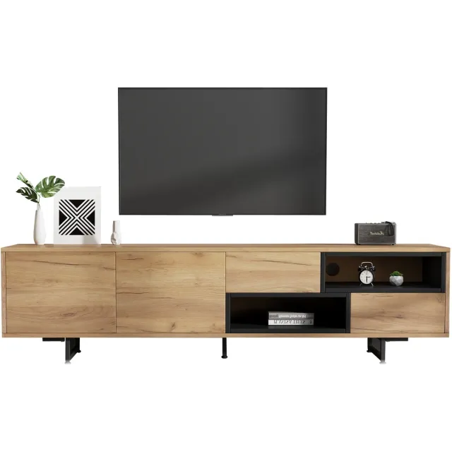 MEUBLE COSY TV Meubel - 173 cm Met Zwarte Open Vakken TV Lowboard - Hout en Zwart Bruin