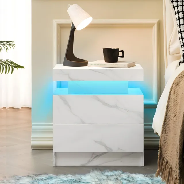 REDOM Nachtkastje van MDF-hout met verstelbare multi-color LED-verlichting en 2 lades, mat wit, modern design Matwit