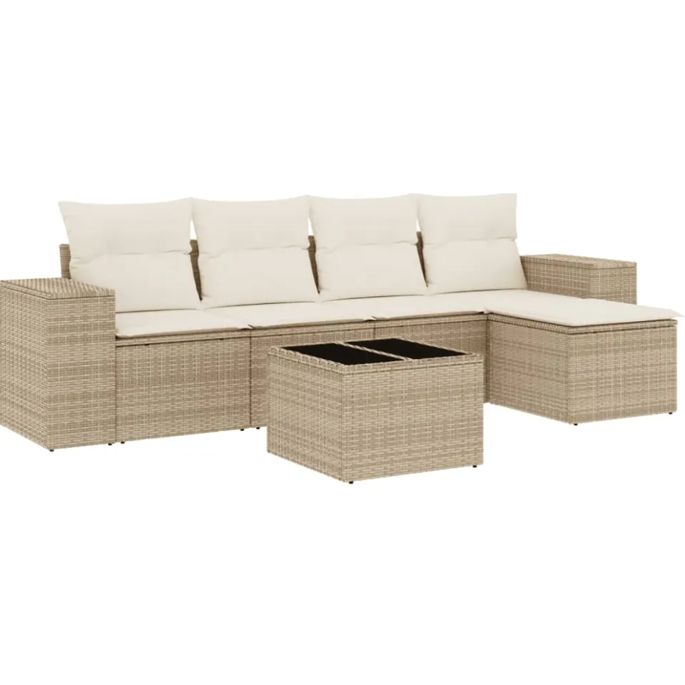 vidaXL 6-delige Loungeset met kussens poly rattan beige, foto 3