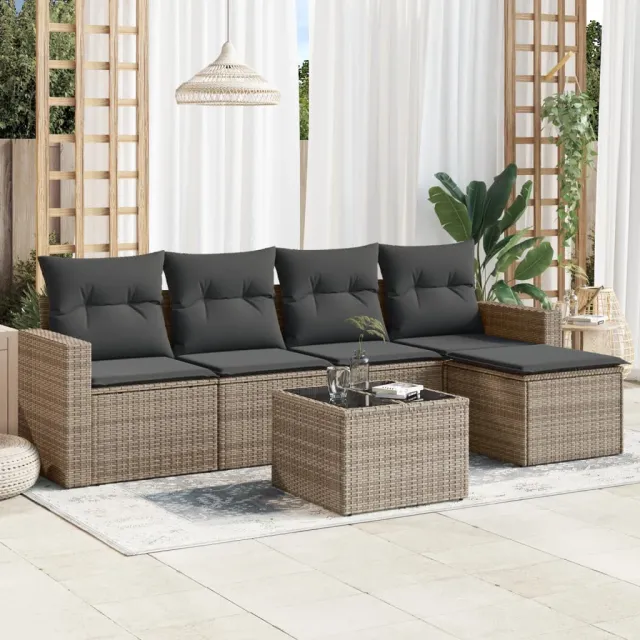 vidaXL 6-delige Loungeset met kussens poly rattan grijs, foto 2