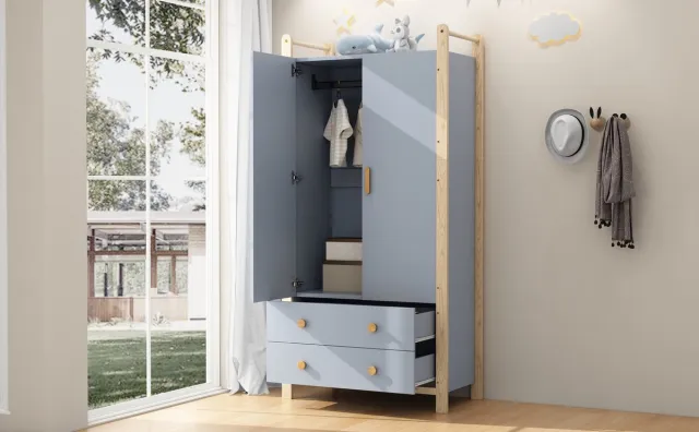 OKWISH Kledingkast – 2 Deuren Met Kledingstang En 2 Laden – Voor Slaapkamer Kinderkamer En Hal – Hout Blauw Naturel – 90x45x180 Cm