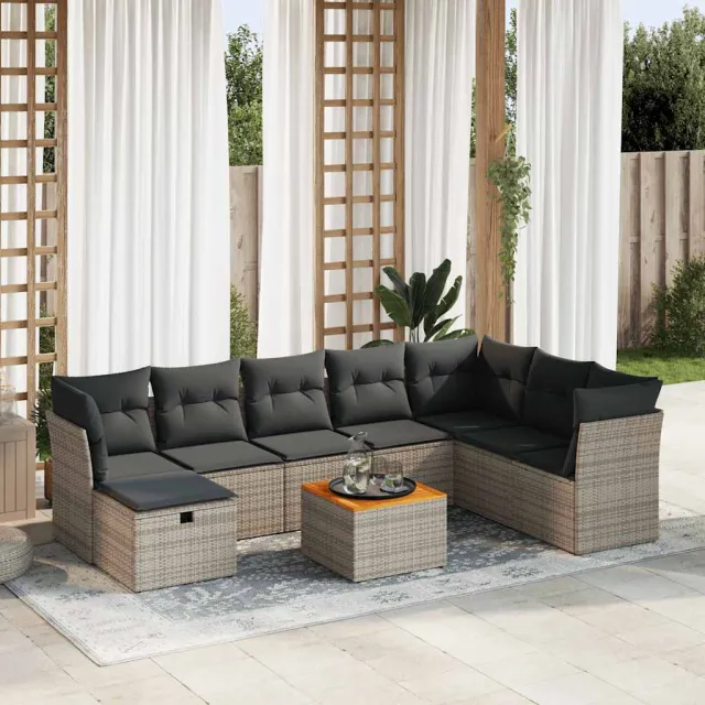 vidaXL 9-delige Loungeset met kussens poly rattan grijs, foto 2