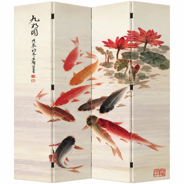 Fine Asianliving Chinees Kamerscherm Oosters Scheidingswand B160xH180cm 4 Panelen Negen Koi Vissen Multicolour, Naturel