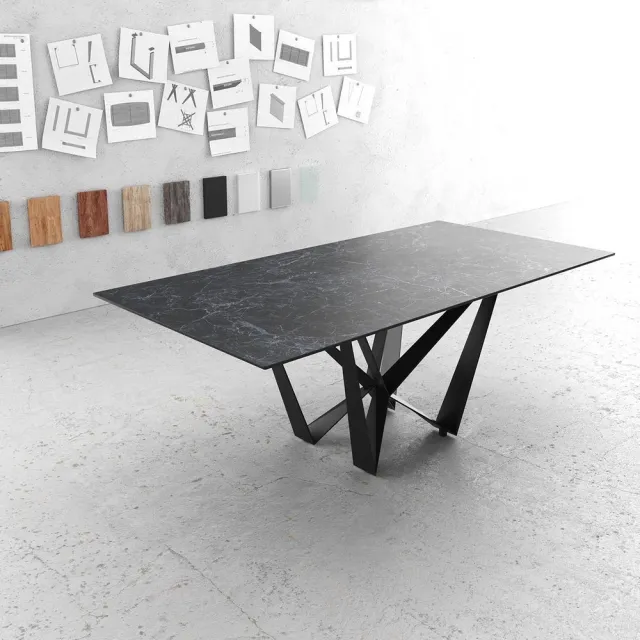 DELIFE Eettafel Edge Laminam® keramiek grijs 200x100cm middenvoet vlak staal zwart Nero Greco Anthrazit