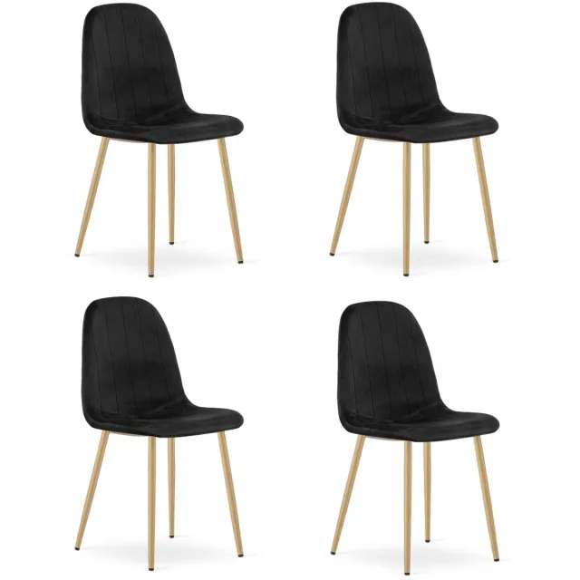 LEOBERT Set van 4 eetkamerstoelen PADVA – Fluweel zwart – Eiken poten – Modern design