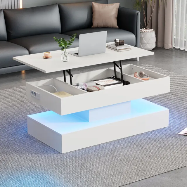 Maisentiel Salontafel 100 x 50 x 42 cm met verstelbaar blad, LED en stopcontacten, wit