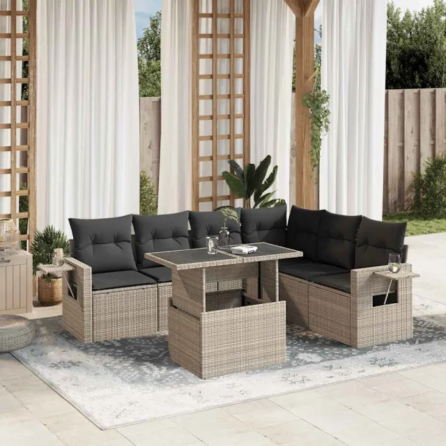vidaXL 7-delige Loungeset met kussens poly rattan lichtgrijs grijs, foto 2