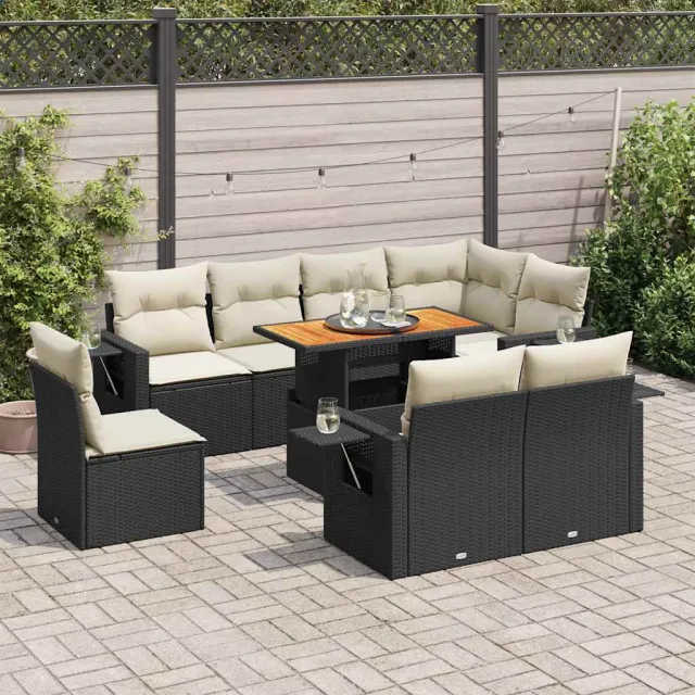 vidaXL 9-delige Loungeset met kussens poly rattan zwart, foto 2