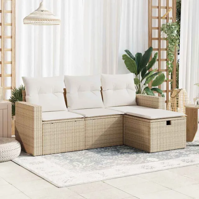 vidaXL 4-delige Loungeset met kussens poly rattan beige, foto 2