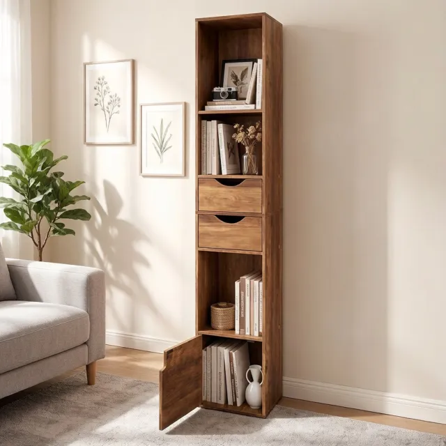 WUVRIE Smalle boekenkast 30x24x157,5 cm - 3 open vakken, 2 lades en deur - Bruin