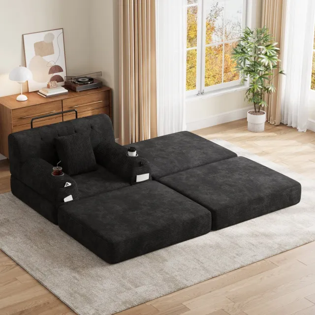 Wishdor 1-zits slaapfauteuil - met hocker en ligfunctie - hoge rugleuning met opbergtassen - modern voor woonkamer of logeerkamer - cord - zwart - 191 x 162 x 81 cm