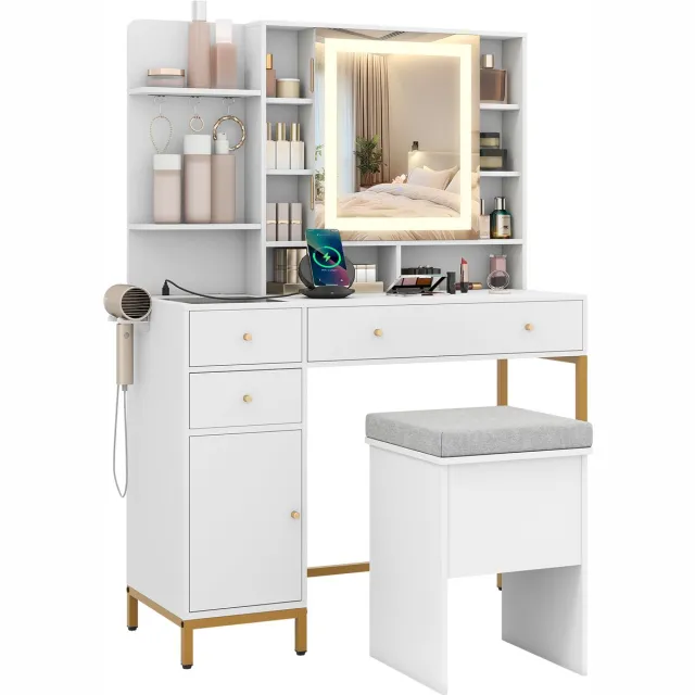 Costway Make-uptafel met led-spiegel, kaptafel en krukset met laadstation, 3-kleuren-verlichting, spiegelkast, laden, open planken en transparant glazen tafelblad, cosmeticatafel, wit