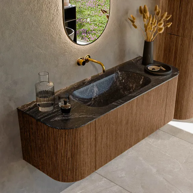 Mondiaz KURVE 130 cm Onderkast Greeploos 1 Lade Met Deuren Walnut, Wastafel Solid Surface Midden Urban 1 Kraangat Zonder Spiegel (KRVBGS130L+R1L2D1KM-Wal/Urb)
