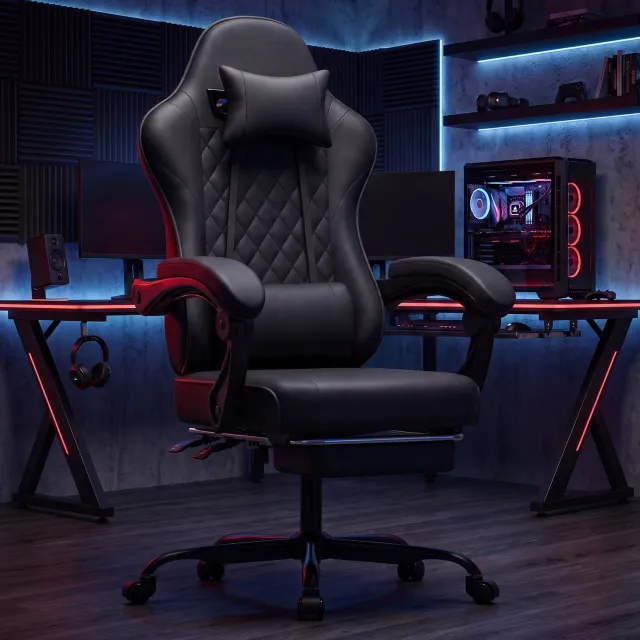MIVRAY Gamingstoel 58,5 x 63 x 120,5 cm - Verstelbare Zithoogte en Rugleuning met Voetsteun - Voor Kantoor en Speelkamer - PVC - Zwart