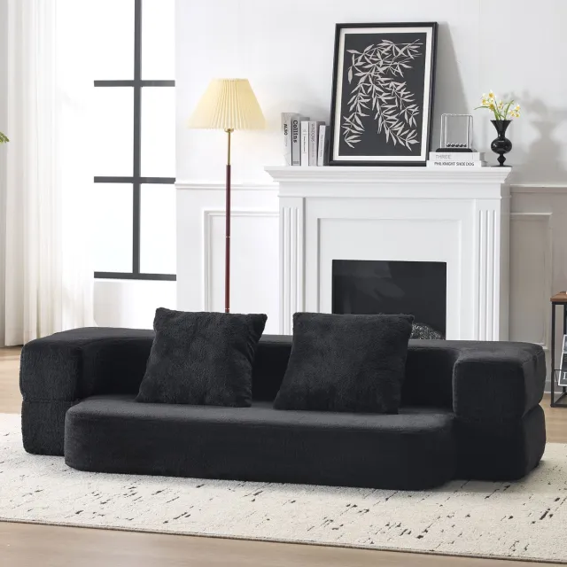 DESMIU Slaapbank 190 x 52 x 48 cm - Opvouwbare 2-Zits Met Slaapfunctie En Kussens - Voor Woonkamer En Logeerkamer - Stof Zwart