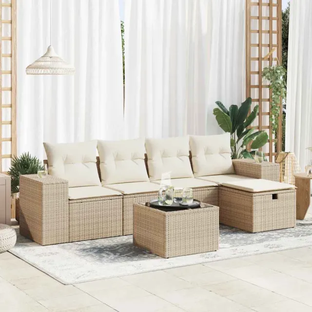 vidaXL 6-delige Loungeset met kussens poly rattan beige, foto 2