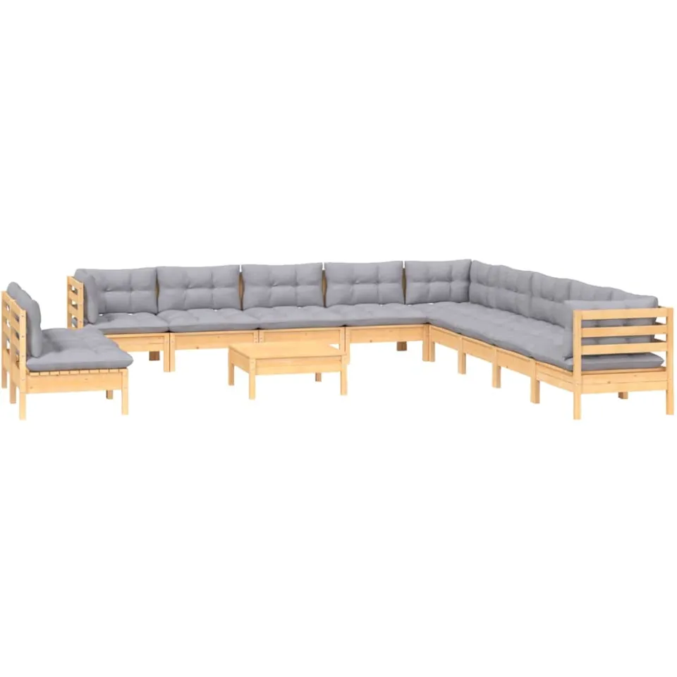 vidaXL 12-delige Loungeset met grijze kussens massief grenenhout Grijs