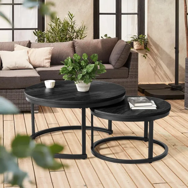 hawthyhome Moderne Ronde Salontafel – Nestbare Bijzettafel met Houtlook Tafelblad en Metalen Frame, Ruimtebesparend Design voor Woonkamer en Kanto,Zwart