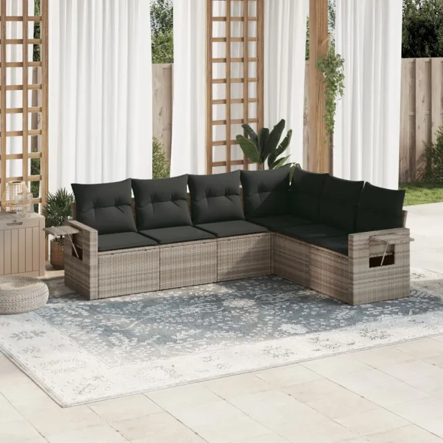 vidaXL 6-delige tuinbankset met kussens, grijs polyrotan