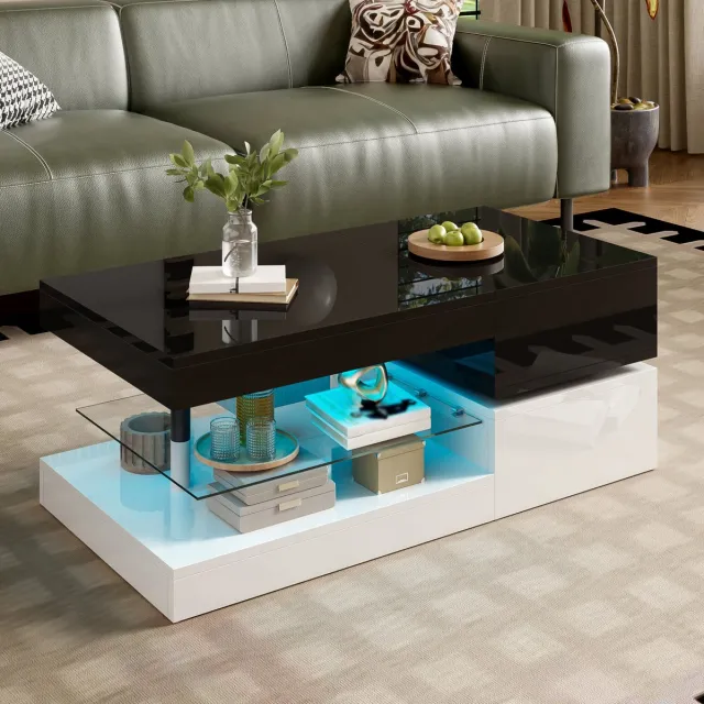 HAUSS SPOLE Salontafel - Led Verlichting Met App En Bluetoothbediening - Voor Woonkamer - Hoogglans Spaanplaat En Glas - 90x45x35,5 Cm - Zwart Wit