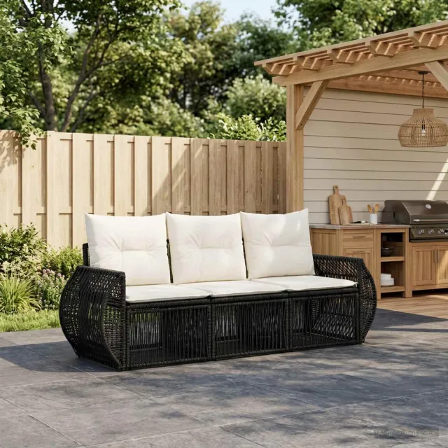 vidaXL Tuinbankenset 3 st 3-zits Zwart en Cream Wit poly rattan, foto 2
