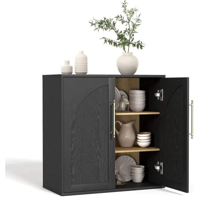 Triumpunpre Opbergkast / Buffetkast met Vintage Design & 2 Boogvormige Deuren - Met Goudkleurige Handgrepen, Verstelbare Planken & Anti-Kantelbeveiliging - 80 x 42 x 82 cm - Zwart - Voor Eetkamer & Woonkamer