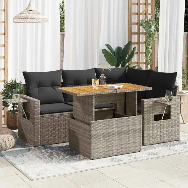 vidaXL 5-delige Loungeset met kussens poly rattan grijs, foto 2