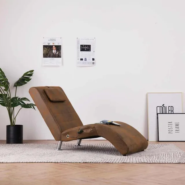 vidaXL Massage chaise longue met kussen kunstsuède bruin, foto 2
