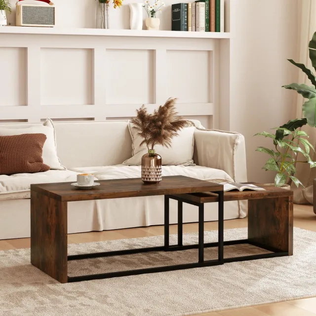 DESMIU Salontafelset - Twee In Elkaar Schuifbare Tafels - Voor Woonkamer En Werkkamer - MDF En Metaal - 90x48x42 Cm - Rustiek Bruin Zwart