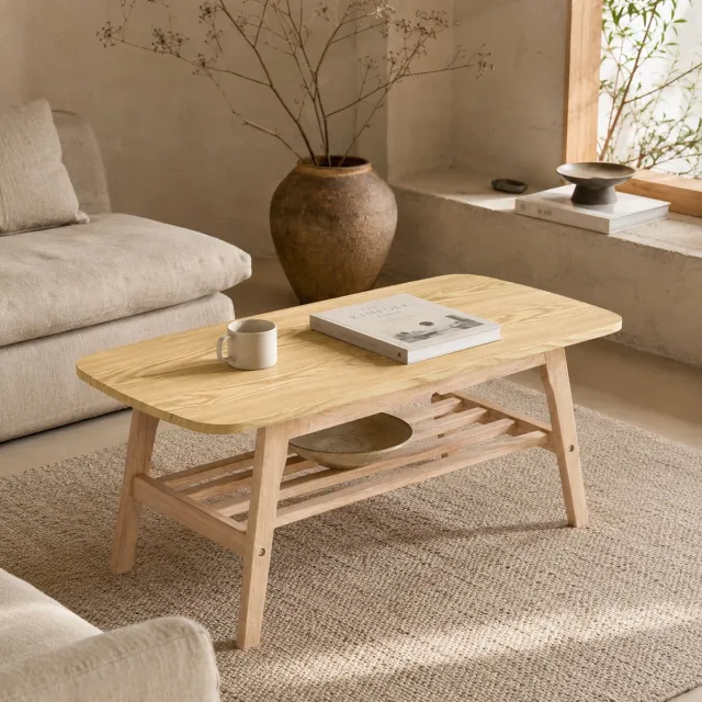 MIVRAY Salontafel - Houten Salontafel Met Dubbele Opbergruimte - Voor Woonkamer, Slaapkamer En Kantoor - Hout - 100x48x42 Cm - Houtkleur Wood