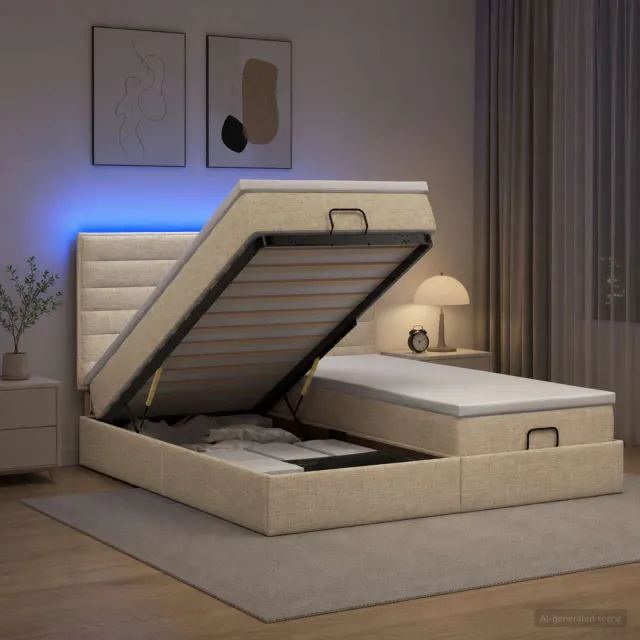 vidaXL Ottoman Bed met Matrassen en LED Crèmekleurig 200 x 200 cm Stof
