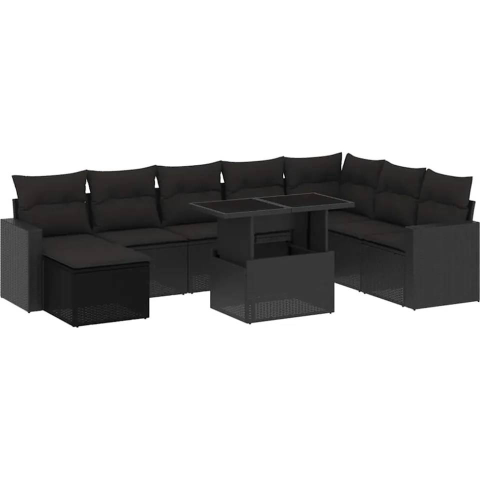 vidaXL 9-delige Loungeset met kussens poly rattan zwart