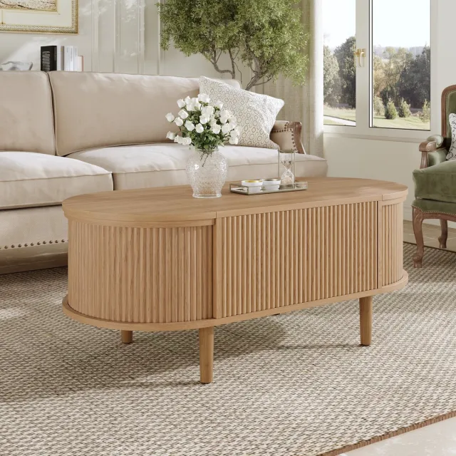 Wishdor Salontafel - Ovaal Hefbaar Met Opbergruimte - Vintage - Woonkamer - MDF - Eikenkleur - 100 x 48 x 53,5 cm