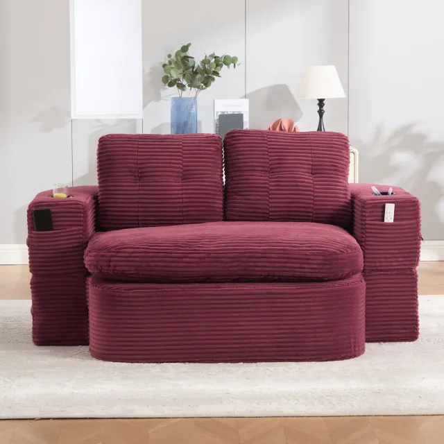 MODENUIT Slaapbank 165 x 97 cm - 2-in-1 Met Ligfunctie En Bekerhouders - Voor Woonkamer - Cord - Wijnrood