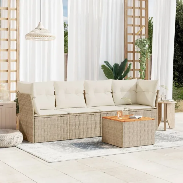 vidaXL 5-delige Loungeset met kussens poly rattan beige, foto 2