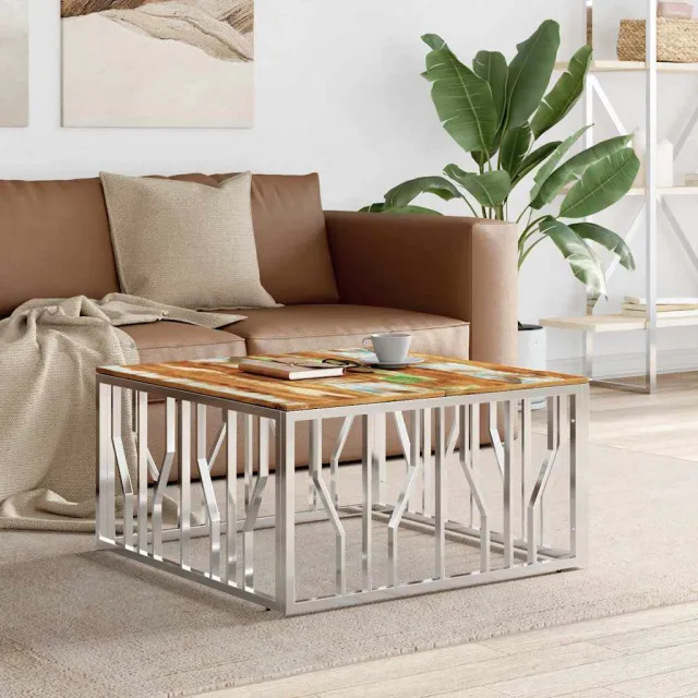 vidaXL Salontafel roestvrij staal en massief gerecycled hout zilver, foto 2