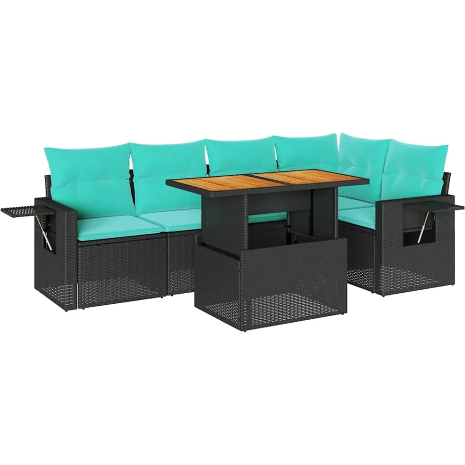 vidaXL 6-delige Loungeset met kussens poly rattan zwart, foto 3