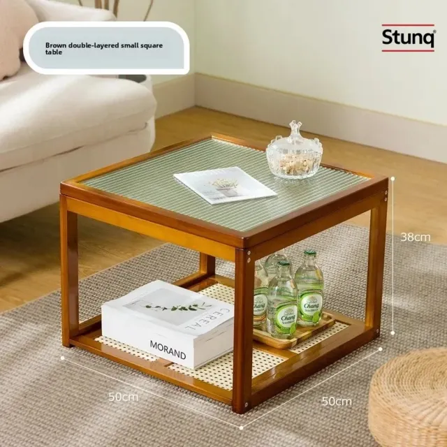 Stunq Salontafel met groen glazen blad en rotan onderplaat - 50x50x38 cm Bruin