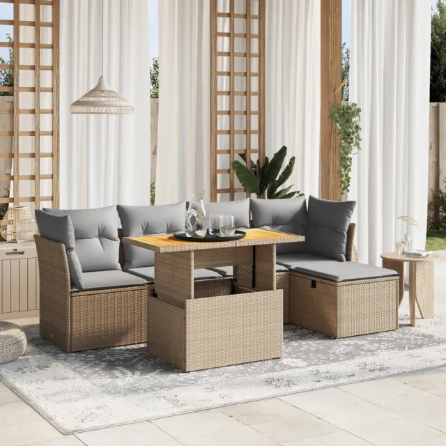 vidaXL 6-delige Loungeset met kussens poly rattan beige, foto 2