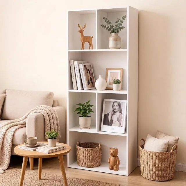 MEUNIQ Boekenkast 50,2 x 29,2 x 118 cm met 6 open vakken, achterwand en kantelbeveiliging – staande opbergkast voor woon- of werkkamer, wit