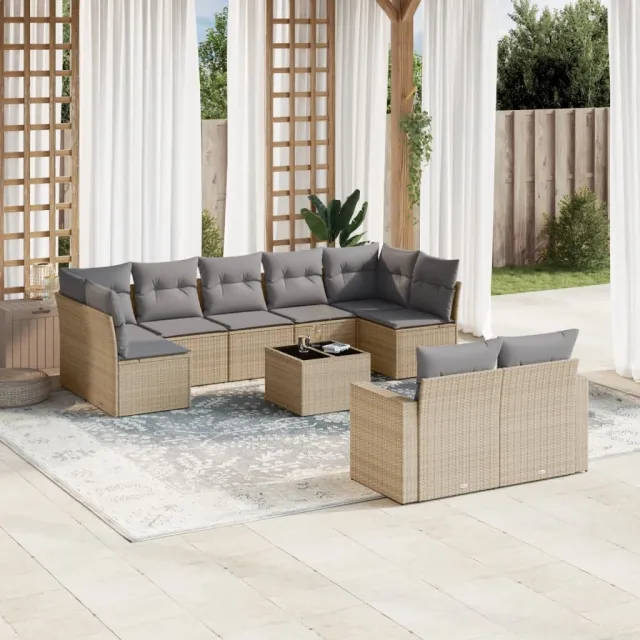 vidaXL 10-delige Loungeset met kussens poly rattan beige, foto 2
