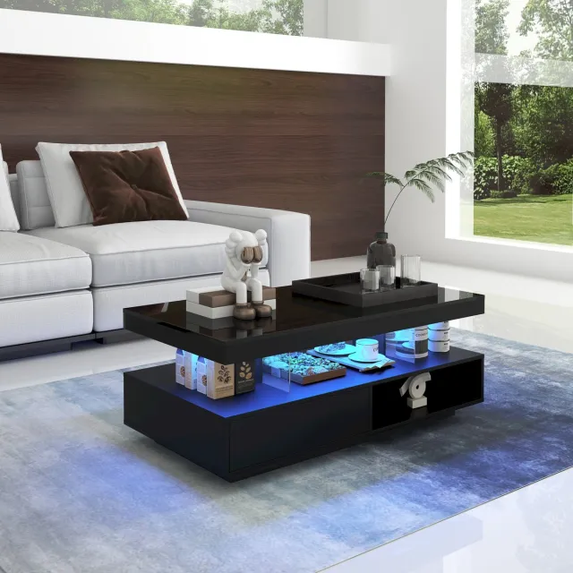 DESMIU Salontafel - Zwart Hoogglans Met 4 Glaselementen En 2 Lades - Modern Voor Woonkamer - Spaanplaat - 95x50x42,5 Cm