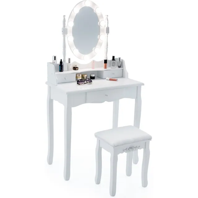 Costway Make-uptafel met ledverlichting, instelbare helderheid, kaptafel met 3 laden, kruk en 360° draaibare spiegel, make-uptafel voor slaapkamer Wit